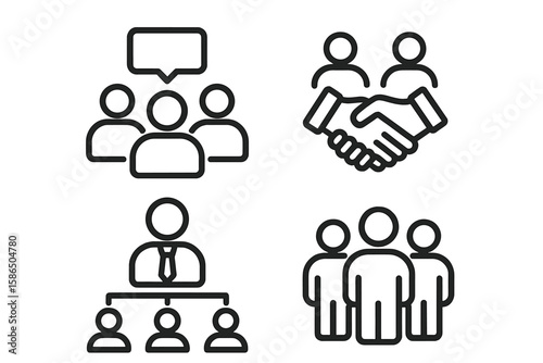 Business people line icon set. Teamwork, management, leadership concepts. Corporate meeting, group communication. Handshake for partnership, agreement, deal. Hierarchy, organization.