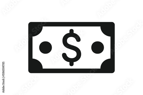 Dollar Bill Icon Vector, Minimalist Flat Design Cash Symbol, Black and White Money Illustration, Financial Payment Banknote, Currency Sign for Finance App, Transparent Background