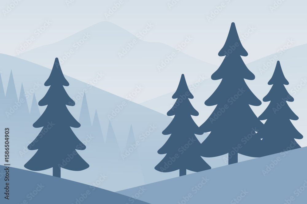 Obraz premium Serene Blue Mountain Landscape with Evergreen Trees and Misty Hills