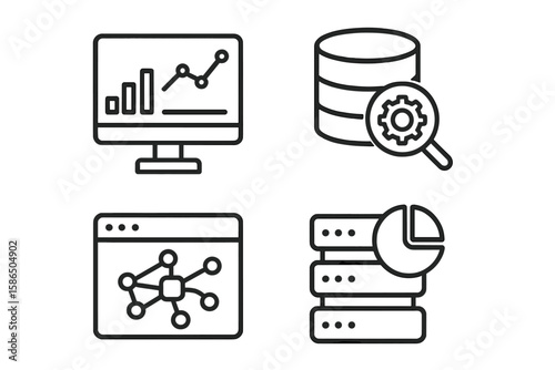 Data analytics line icon set. Big data analysis and processing symbols. Vector graphic elements for web, mobile app, infographic. Database, statistics, monitoring, report.