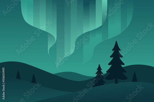 Abstract vector landscape with aurora borealis and dark trees