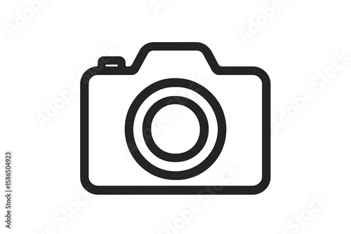 Minimalist Camera Icon Outline. Modern Photography Equipment Symbol. Black and White Vector for Apps, Websites, User Interface, Tech Design. Transparent Background. Flat Graphic Resource Illustration.