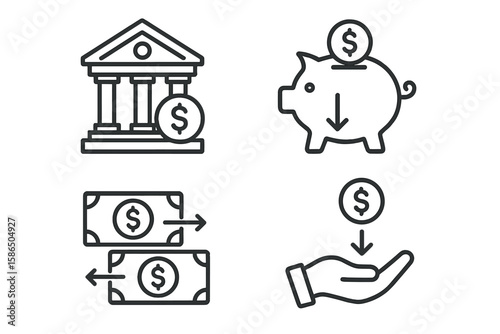 Finance and banking line icon set. Vector icons for deposit, savings, money transfer, payment, and investment. Concepts for business, economy, income, and currency exchange.