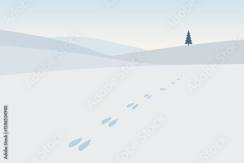 Tranquil Winter Landscape with Footprints in Fresh Snow and Tree
