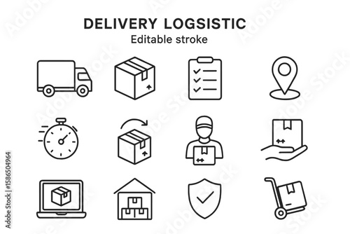 Delivery and logistic icon set. Shipping service thin line icons. Editable stroke vector collection for e-commerce, online shopping, courier, cargo, and freight transport.
