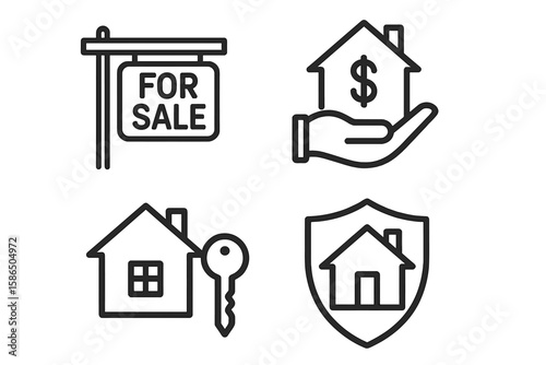Real estate icon set. Line art symbols for web and mobile app. Concepts of property sale, home purchase, mortgage, and insurance. Vector graphic for realty business.