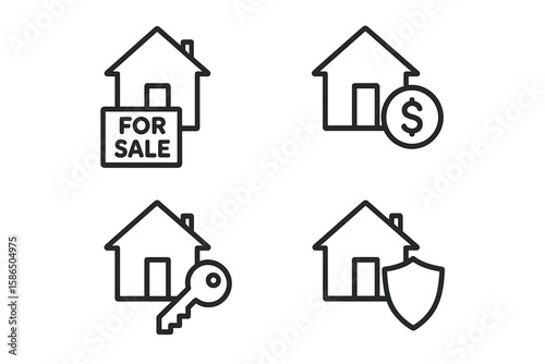 Real estate line icon set. House for sale, property purchase, and home insurance vector pictograms. Realty investment, mortgage, and security symbols for web and mobile.