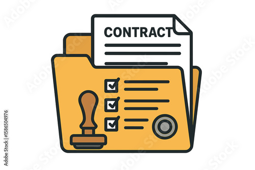 Contract document in a folder with a checklist and a stamp. Business agreement icon concept for legal papers, deal confirmation, and project approval. Flat vector illustration.