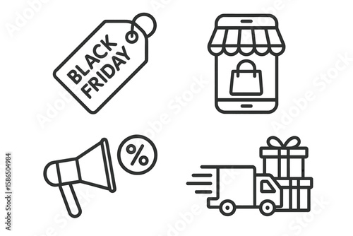 E-commerce and shopping icon set. Thin line style web icons for mobile app. Concepts for online store, Black Friday sale, discount promotion, digital marketing, fast delivery.