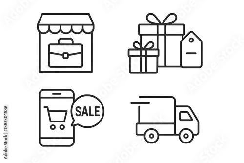 E-commerce online shopping icon set. Thin line style vector icons for web and mobile app. Business storefront, gift present, mobile sale, fast delivery truck. Digital marketing.