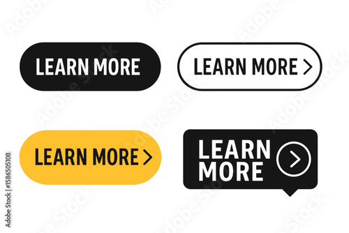 Learn more button set. Call to action vector collection. Read more, click here web buttons for website and app UI UX design. Modern flat icon and symbol collection.