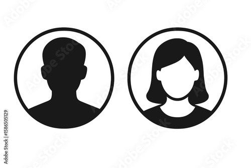 Male and female user profile avatar. Man and woman head silhouette. Gender symbol for web design. Anonymous person face placeholder. Default member login vector icon.