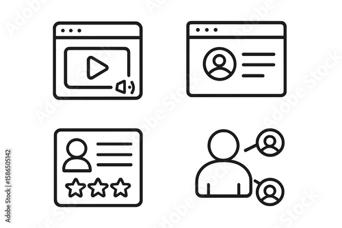 Media and web icon set for UI and UX design. Social media marketing linear icons for website and mobile app. Symbols for video content, user profile, customer feedback, and social network connection.