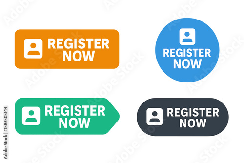 Register now button set. Vector web buttons for registration on websites, blogs, and services. User interface elements in a modern flat design style for UI and UX kits.