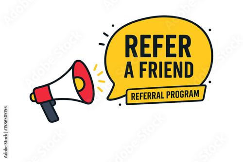 Refer a friend marketing concept with megaphone. Loudspeaker announcing a referral program for business promotion and advertising. Affiliate loyalty bonus vector illustration.