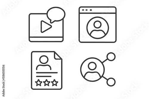Web icons set in thin line style. Social media marketing, user profile, video blog, customer review, feedback, and network connection symbols for web and mobile app UI design.