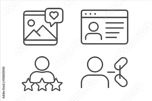 Social media and web interface icon collection in thin line style. Vector symbols for digital marketing, business profile, user engagement, customer review, and SEO link.