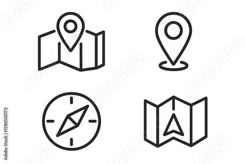 Navigation Location Icons Set. Line Style Web and Mobile Symbols: Map Pin, GPS Marker, Compass, Navigator, Route, Travel, Geolocation, Direction, Wayfinding, Map Design Elements