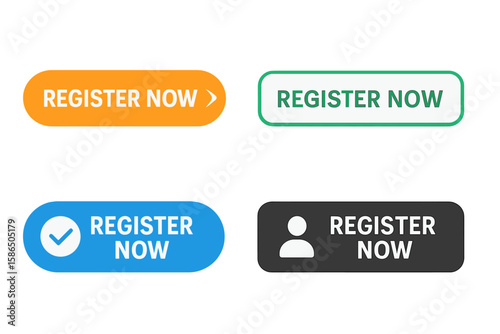 Register now buttons vector set. Call to action web elements collection. User interface design for websites and apps. Signup and registration CTA graphic illustrations.