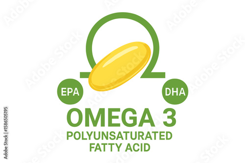 Omega 3 polyunsaturated fatty acid icon with EPA and DHA. Golden fish oil supplement pill and capsule logo. Health and nutrition vitamin complex vector illustration.