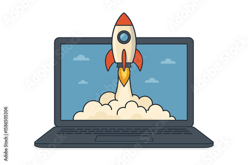 Business startup launch concept with rocket taking off from a laptop screen. Metaphor for a new product or service, successful project start, innovation, and digital growth.