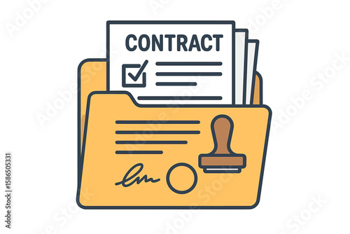 Contract document icon with signature and stamp. Business agreement, deal, and partnership concept. Legal document approval, certification, and portfolio in a folder.