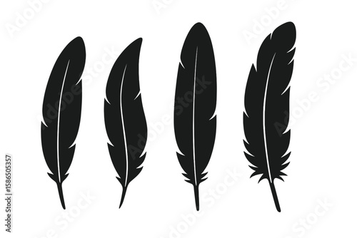 Feather icon set. Black bird quill silhouettes. Vector collection of different plume shapes in flat design style. Lightweight, elegant, flight concept. Isolated on white.