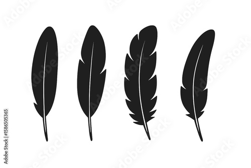 Feather vector icon set. Black bird quill silhouette collection. Simple flat graphic symbol for writing. Vintage ink pen logo. Plume design element for tattoo art.