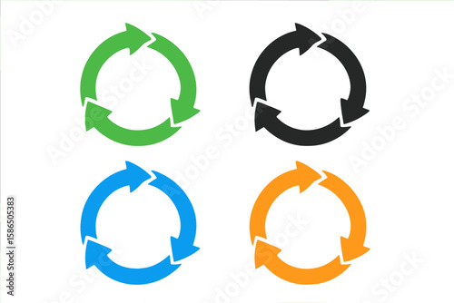 Set of 4 colorful arrow rotation circle icons. Recycling, refresh, and reload loop symbols. Flat vector pictogram sign for web and print. Process and circular motion concept.