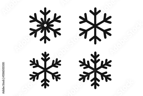 Set of black snowflake icons. Vector winter symbol collection. Christmas holiday decoration element. Frozen snow crystal shape graphic design for weather forecast concept.