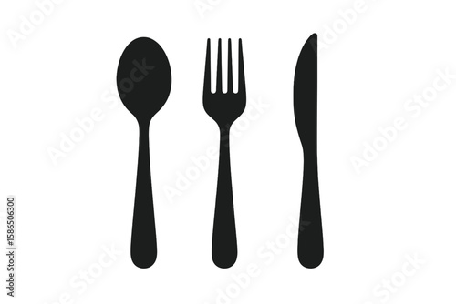 Spoon, Fork, and Knife Vector Illustration Isolated on Transparent Background. Modern Flat Set of Black Silhouette Kitchen Utensils. Restaurant, Café, Culinary, Tableware, Cutlery Icon Collection.