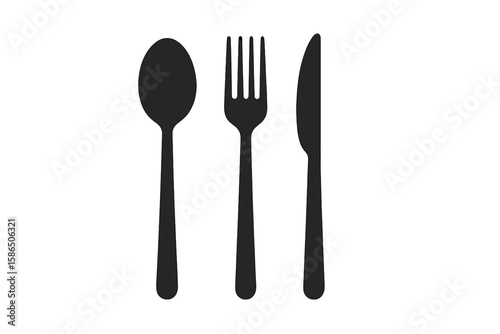 Modern Spoon, Fork, and Knife Silhouette Vector Set on Transparent Background, Minimalist Cutlery Icons for Kitchen, Restaurant, Cafe, Dining, Food Service, Black Flat Style Illustration
