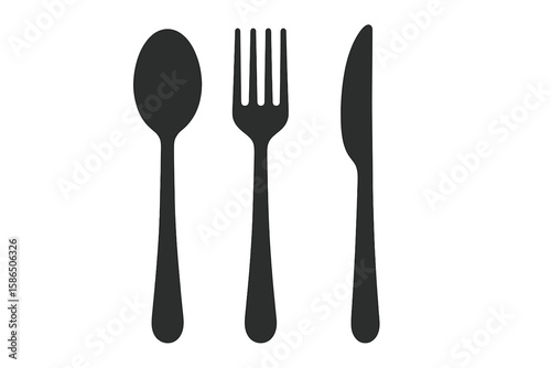 Spoon, Fork, and Knife Silhouette Vector Set on White Background. Cutlery Icons Collection. Black Kitchen Utensils for Restaurant, Food Service, Dining, Cooking Concepts. Transparent PNG and Vector