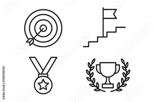Success and achievement line icon set. Goals, target, and competition vector symbols. Thin outline icons for winner's reward, award medal, and victory trophy for web.