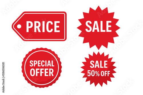 Big sale sticker and price tag collection. Set of red shopping labels and badges for retail promotion. Special offer, discount banner, and quality mark vector icons for business.