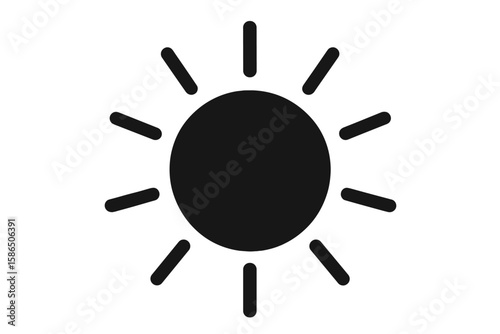 Minimalist Sun Icon Vector, Flat Black Sun Symbol with Rays, Simple Solar Sunshine Design, Geometric Circular Outline Clipart, Abstract Weather Forecast Element, Modern Isolated Illustration