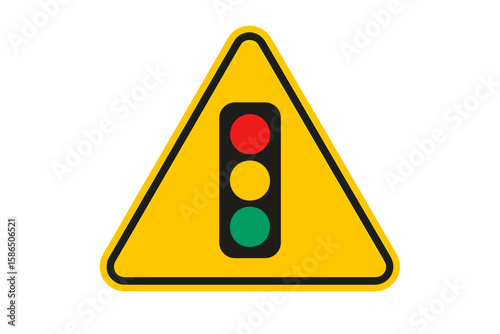 Warning Traffic Light Ahead Sign Vector Illustration—Triangular Yellow Caution Road Symbol with Red Yellow Green Stoplight—Transparent Background Clipart—Intersection Alert Highway Safety Concept