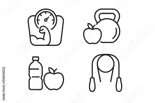 Sport and fitness icon set. Line style web icons for gym and health care. Healthy lifestyle concept. Nutrition, dieting, training, body care, healthy food, workout vector.