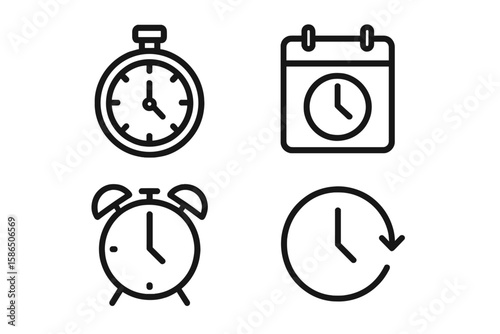 Minimalist Time and Clock Icon Set — Line Art Style Stopwatch, Alarm, Calendar, Countdown Timer, Recovery, Time Management, Simple Clock, Schedule Symbols Collection