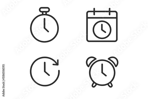 Minimalist Line Style Time and Clock Icon Set – Stopwatch, Calendar, Countdown, Alarm Clock, Time Management, Recovery, Timer, Date, Schedule, Web and App UI Vector Pack