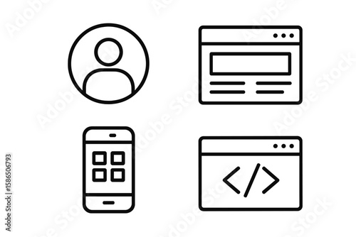 Modern Flat Line Style Set of 4 UI and Web Icons—User Avatar, Webpage, Mobile App, Coding—Minimalist User Interface Elements for Websites and Applications