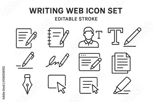 Writing Icon Set with Editable Stroke. Linear Web Icons for Copywriting, Note Taking, Editing, Writer Profile, Text, Pen, Signature, Document, Content Creation, Digital Markup, Calligraphy Nib