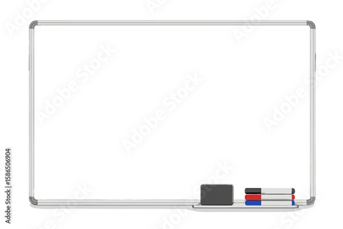 Realistic Office Whiteboard Mockup with Marker Pens and Eraser, Empty White Presentation Board, Classroom Black Whiteboard Template, Isolated Vector for Office, School, Workspace Display