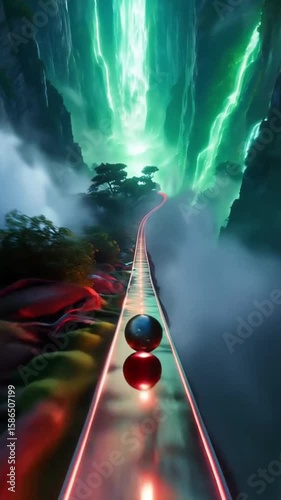 Futuristic Neon Pathway with Glowing Spheres Leading Into a Majestic Waterfall and Mystical Forest Landscape