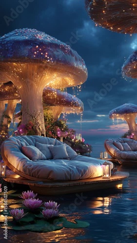 Magical floating lounge under glowing giant mushrooms with fairy lights
