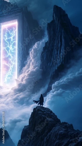 Mysterious Fantasy Landscape with a Glowing Lightning Portal in Dark Blue Mountains Surrounded by Rolling Clouds