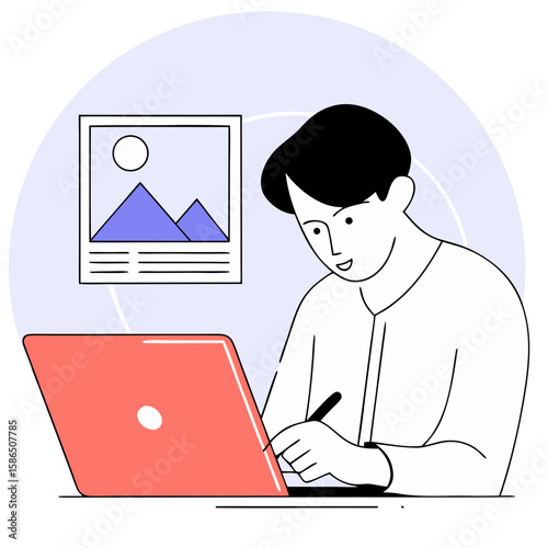 "Young professional using AI generative tool to find images and articles, futuristic user interface, flat vector style, white background"

