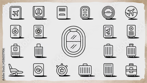 Black and white travel icons set on textured background