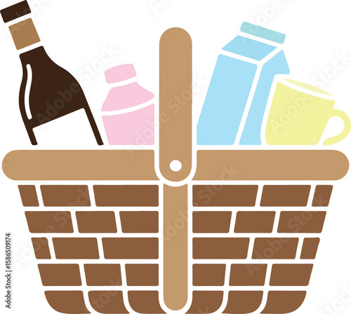 Wicker picnic basket filled with assorted food and drink items isolated on white background isolated on transparent background