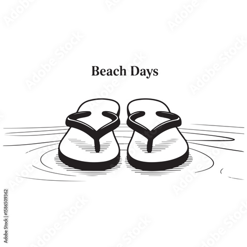 Stylized black and white illustration of flip flops on a beach isolated on white background isolated on transparent background